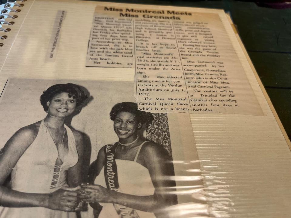 This newspaper article from 1977, stored in Raeburn-Baynes's archvies, show the winner of a Montreal pageant meeting with Miss Grenada after having travelled to the Caribbean country. 