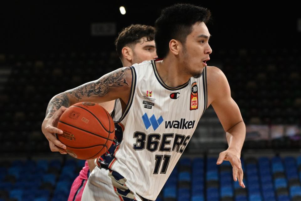 Filipino basketball star Kai Sotto of the 36ers drives to the basket during the round 21 NBL match between New Zealand Breakers and Adelaide 36ers at MyState Bank Arena on April 24, 2022, in Hobart, Australia. (Photo by Steve Bell/Getty Images)