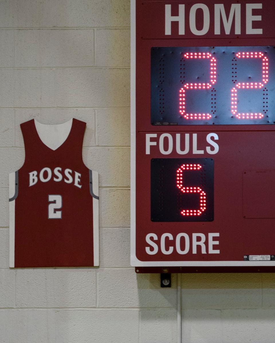 Former Bosse player Mekhi Lairy’s jersey is displayed for all to see in the the Bosse High School gymnasium following the jersey retirement ceremony, Friday evening, Dec. 6, 2019. Lairy broke the city’s all-time scoring record in 2018 and currently plays for the Miami (Ohio) Redhawks.