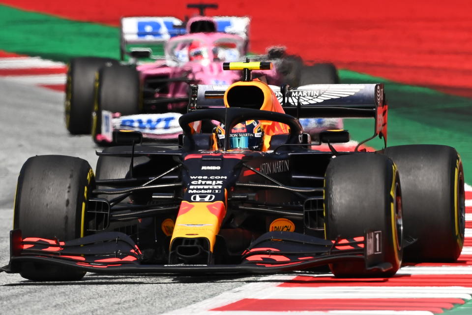 Red Bull's Thai driver Alex Albon steers his car during the Formula One Styrian Grand Prix race on July 12, 2020 in Spielberg, Austria. (Photo by Joe Klamar / various sources / AFP) (Photo by JOE KLAMAR/AFP via Getty Images)