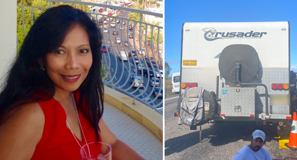 Piezy Marie smiling on holiday (left) and the caravan by the side of the road (right). 