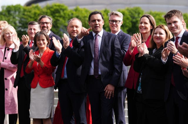 Scottish Labour leader Anas Sarwar with some of the newly elected Labour MPs at Four Winds Pavilion in Glasgow 