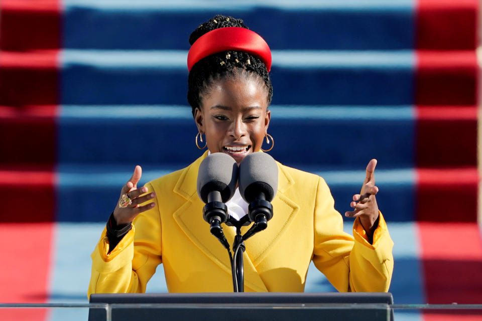 American poet Amanda Gorman reads a poem during the 59th Presidential Inauguration at the US Capitol. 