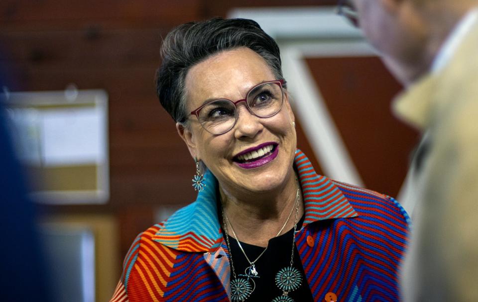 Republican congressional candidate Harriet Hageman meets attendees at a rally at the Teton County Fair &amp; Rodeo Grounds on June 14, 2022 in Jackson, Wyoming.