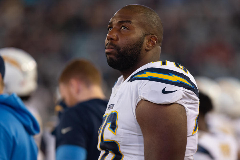 JACKSONVILLE, FL - DECEMBER 08: Los Angeles Chargers Offensive Tackle Russell Okung (76) during the game between the Los Angeles Chargers and the Jacksonville Jaguars on December 8, 2019 at TIAA Bank Field in Jacksonville, Fl. (Photo by David Rosenblum/Icon Sportswire via Getty Images)