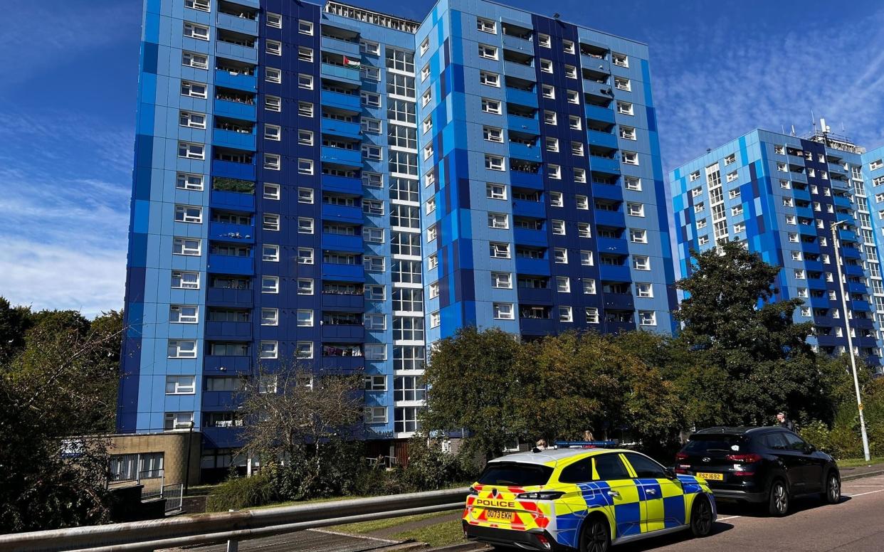 The block of flats in Leabank, Luton, where thee bodies were found on Friday morning