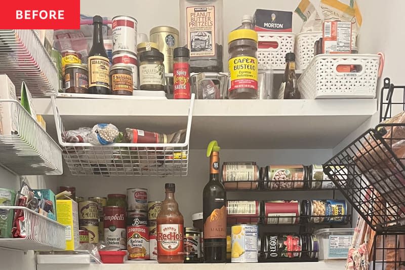 Messy pantry before organizing.