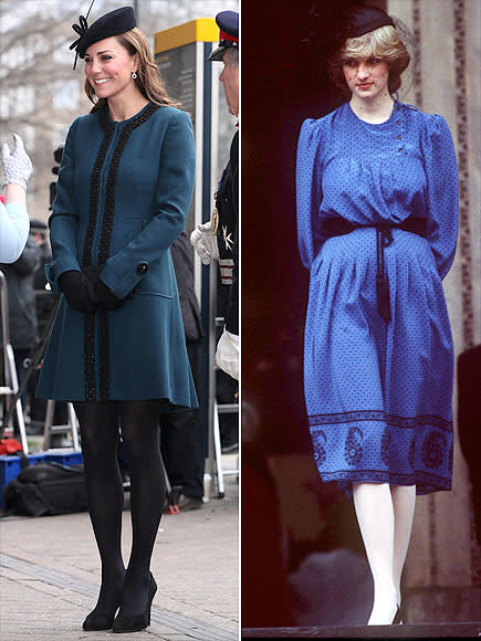 <p>A royal's formal look is never complete without a fascinator, and Diana kept her head chicly covered while making an appearance in 1982. <span>Kate</span>'s Angela Kelly style, worn for <span>a London outing with the Queen</span> was actually quite similar to her mother-in-law's haute headpiece. <strong>Get Kate's Look!</strong> Trina Turk Jemma Shawl Collar Coat, $370; <span>nordstrom.com</span></p>