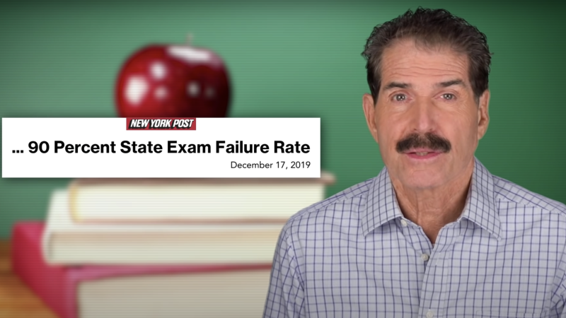 John Stossel is seen next to a headline about the New York state exam failure rate