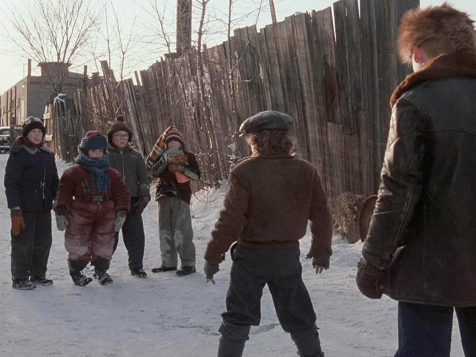 Flick, Randy, Ralphie, and Schwartz face off against Grover Gill and Scut Farkus in this still from "A Christmas Story."