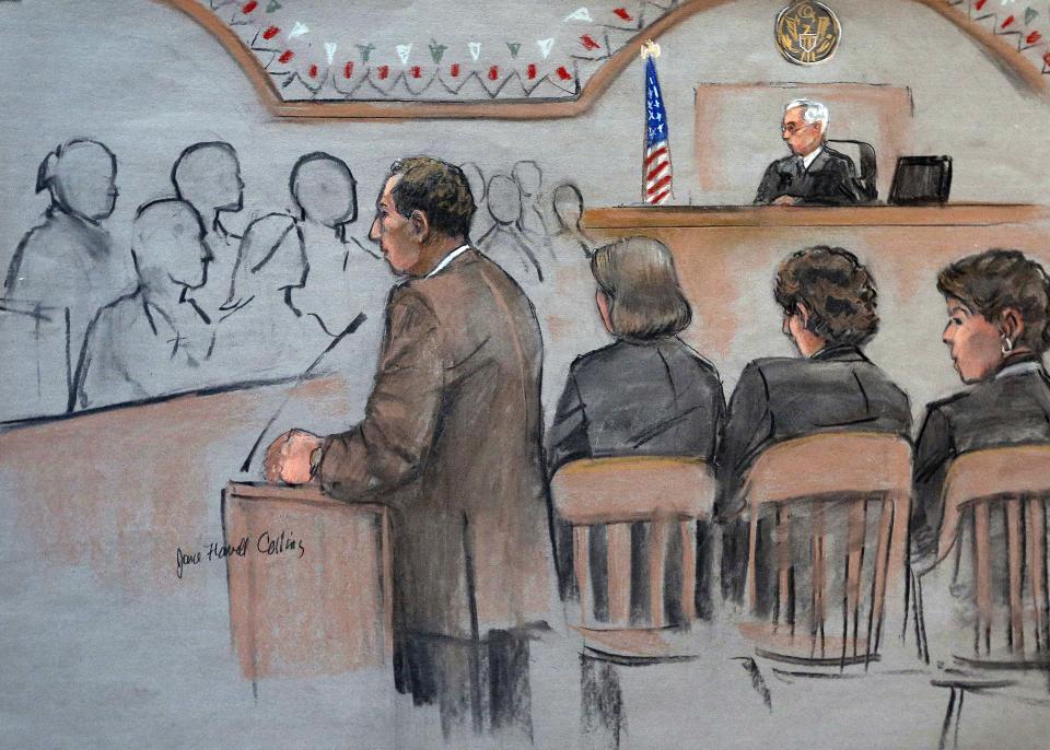 CLICK IIMAGE for slideshow: It this courtroom sketch, U.S. Attorney William Weinreb, left, is depicted delivering opening statements in front of U.S. District Judge George O&#39;Toole Jr., right rear, on the first day of the federal death penalty trial of Boston Marathon bombing suspect Dzhokhar Tsarnaev, Wednesday, March 4, 2015, in Boston. Tsarnaev, depicted seated second from right between defense attorneys Judy Clarke, third from right, and Miriam Conrad, right, is charged with conspiring with his brother to place two bombs near the marathon finish line in April 2013, killing three and injuring 260 people. (AP Photo/Jane Flavell Collins)