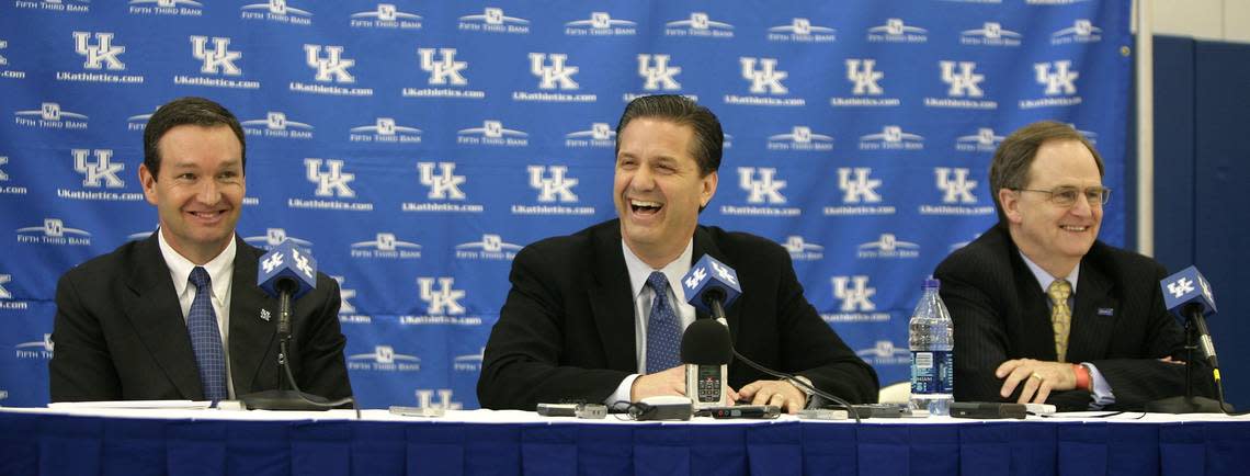 From left, UK athletic director Mitch Barnhart, John Calipari and UK president Lee T. Todd, Jr., laughed during an April, 1, 2009, news conference introducing Calipari as the new men’s basketball coach. Calipari replaced Billy Gillispie who was fired by the university five days earlier. Charles Bertram/2009 staff file photo