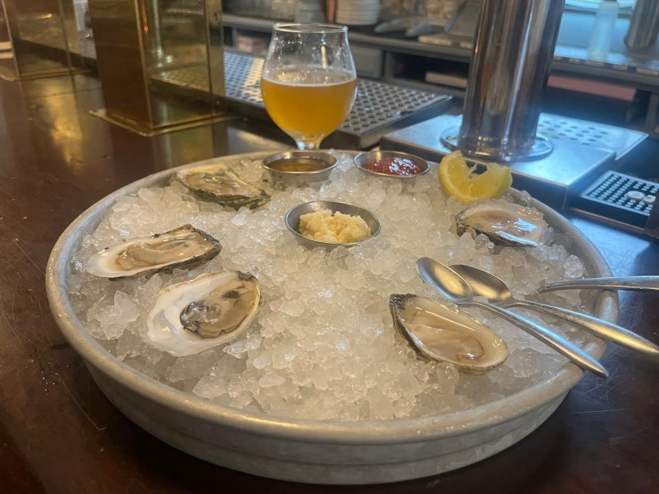Oysters and an IPA at Dogfish Head's Chesapeake and Maine in Rehoboth Beach on May 13, 2023.