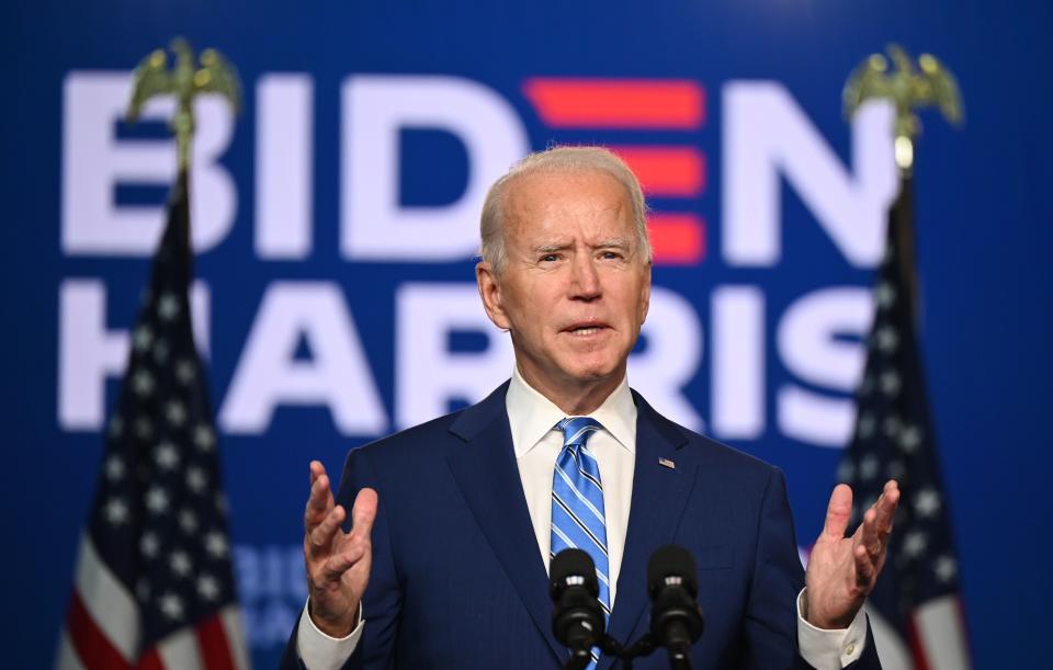 El candidato demócrata Joe Biden en un discurso en el Chase Center de Wilmington, Delaware el 4 de noviembre de 2020. (Jim Watson/AFP via Getty Images)