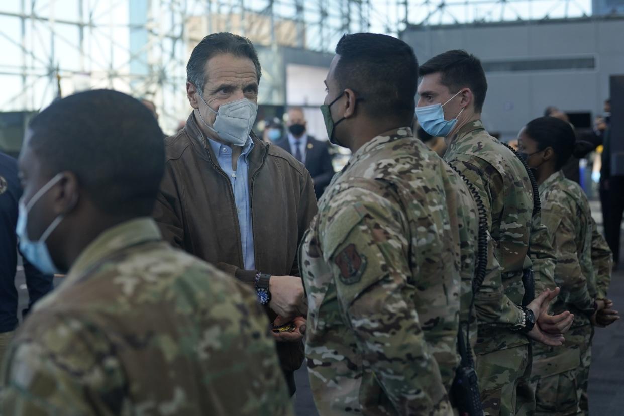 New York Gov. Andrew Cuomo greets service members as he leaves a vaccination site at the Jacob K. Javits Convention Center on March 8, 2021, in New York City. Cuomo has been called to resign from his position after allegations of sexual misconduct were brought against him.