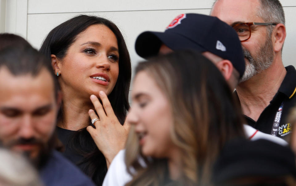 LONDON, ENGLAND - JUNE 29:   Meghan, Duchess of Sussex watches the baseball game between the  Boston Red Sox and the New York Yankees at London Stadium on June 29, 2019 in London, England. The game is in support of the Invictus Games Foundation. (Photo by Peter Nicholls - WPA Pool/Getty Images)