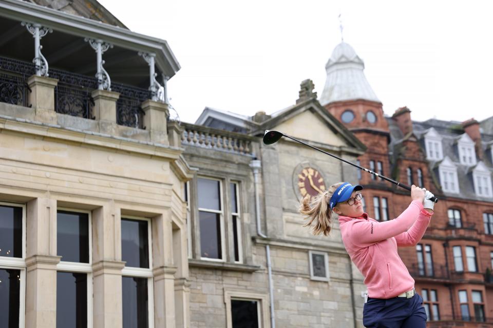 ST ANDREWS, SCOTLAND - AUGUST 19: Brooke M. Henderson of Canada plays her shot from the first tee during a practice round prior to the AIG Women's Open at St Andrews Old Course on August 19, 2024 in St Andrews, Scotland. (Photo by Oisin Keniry/R&A/R&A via Getty Images)