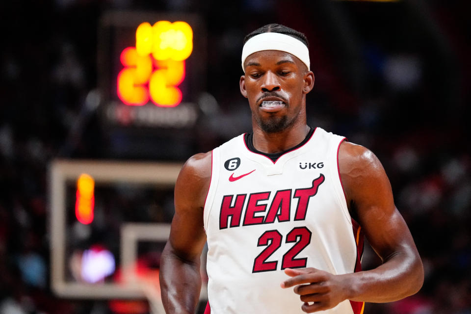 Miami Heat asuhan Jimmy Butler dapat menguasai turnamen play-in Wilayah Timur dengan kemenangan pada Kamis malam.  (Rich Story/USA Today Sports)