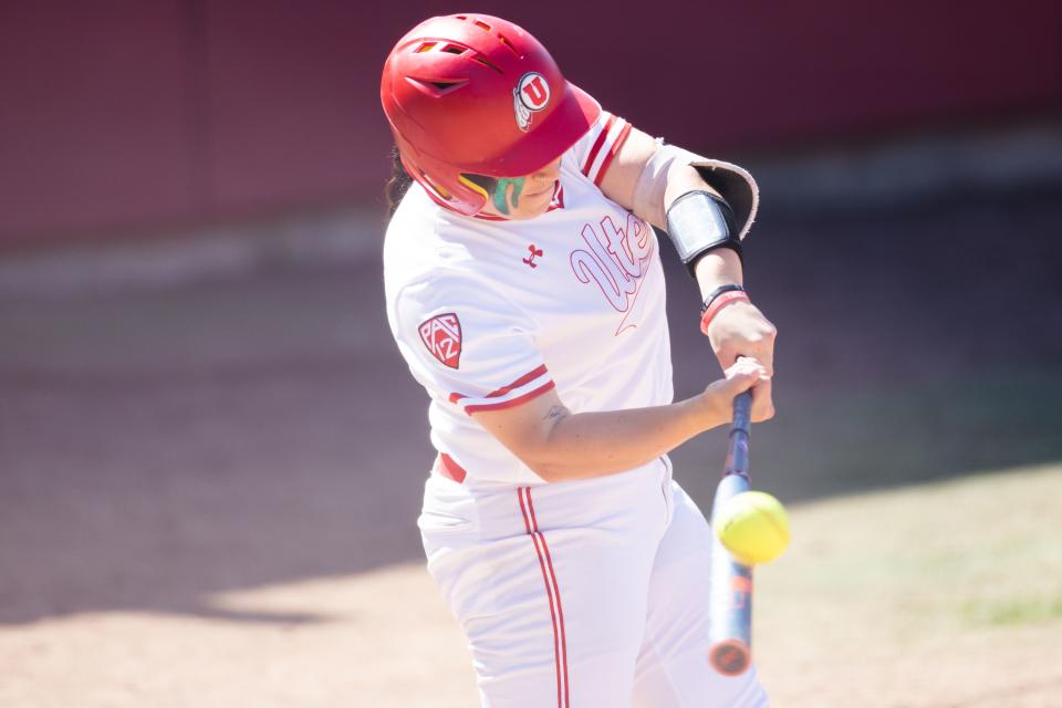 Utah infielder Julia Jimenez (42) hits the ball during an NCAA softball game between Utah and UCLA at Dumke Family Softball Stadium in Salt Lake City on April 29, 2023. | Ryan Sun, Deseret News