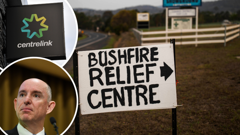 A picture of a bushfire relief centre sign, as well as a Centrelink sign and Governnment Minister Stuart Roberts.
