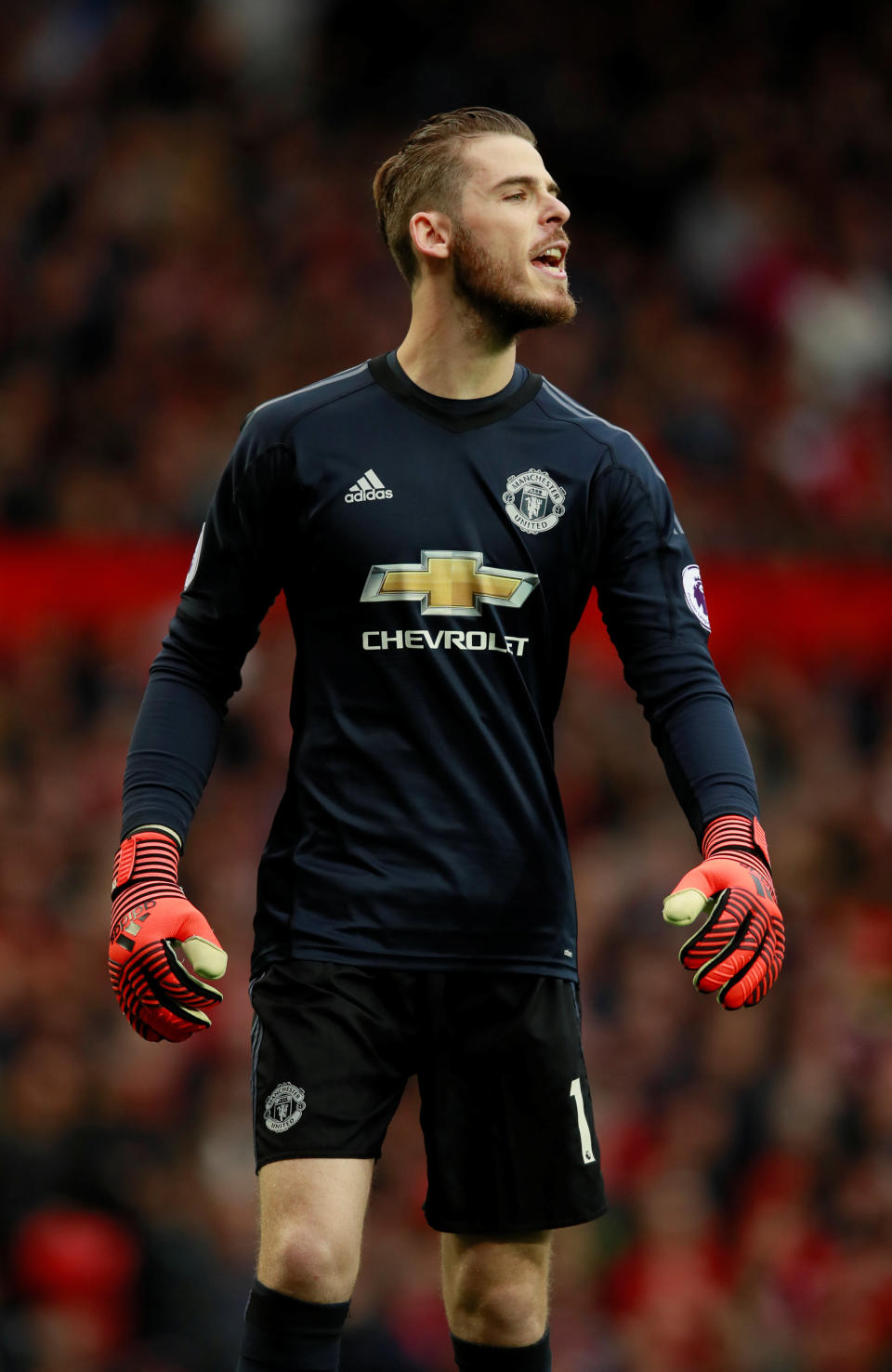 <p>Manchester United keeper David De Gea organises his defence</p>