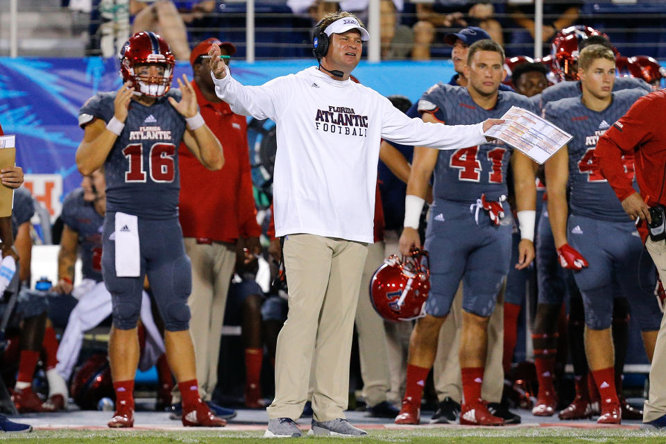 BOCA RATON, FL - OCTOBER 26:  Head coach Lane Kiffin of the Florida Atlantic Owls reacts on the sideline after a penalty call against the Louisiana Tech Bulldogs during the second half at FAU Stadium on October 26, 2018 in Boca Raton, Florida.  (Photo by Michael Reaves/Getty Images)