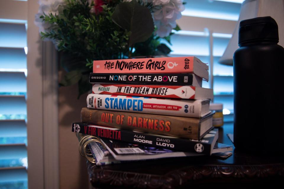 These are among the books under attack in Texas as of April 2022. <a href="https://www.gettyimages.com/detail/news-photo/stack-of-banned-books-on-alyssa-hoys-dresser-in-austin-news-photo/1240412718?adppopup=true" rel="nofollow noopener" target="_blank" data-ylk="slk:Montinique Monroe for The Washington Post via Getty Images;elm:context_link;itc:0;sec:content-canvas" class="link ">Montinique Monroe for The Washington Post via Getty Images</a>