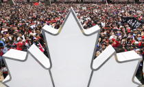 Thousands of fans gather to cheers on the Toronto Raptors during the teams championship parade in Toronto on Monday, June 17, 2019. (Photo by The Canadian Press/Nathan Denette)