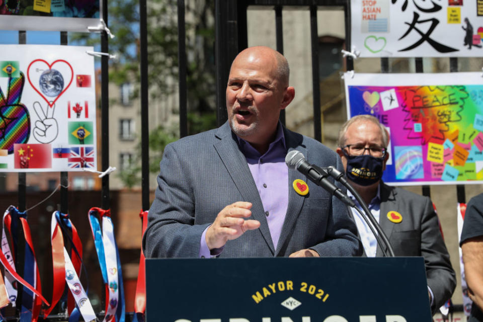 UFT president Michael Mulgrew speaks during a campaign event for mayoral candidate Scott Stringer in New York City on May 25. (Getty Images)