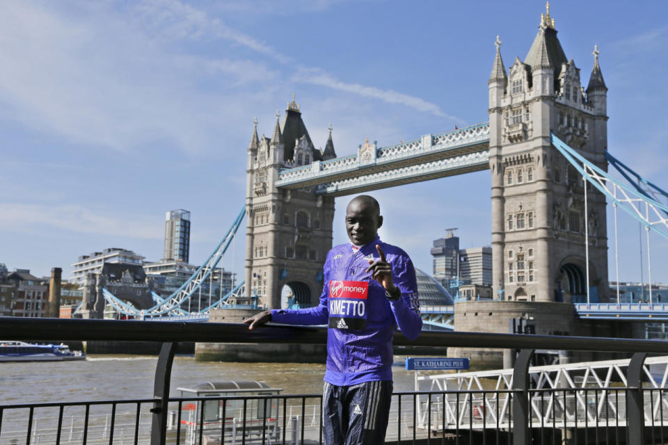 <p>Kenya’s Dennis Kimetto poses for photographers ahead of the London marathon, near Tower Bridge in London, Wednesday, April 20, 2016. The London marathon will take place on Sunday. (AP Photo/Frank Augstein)</p>