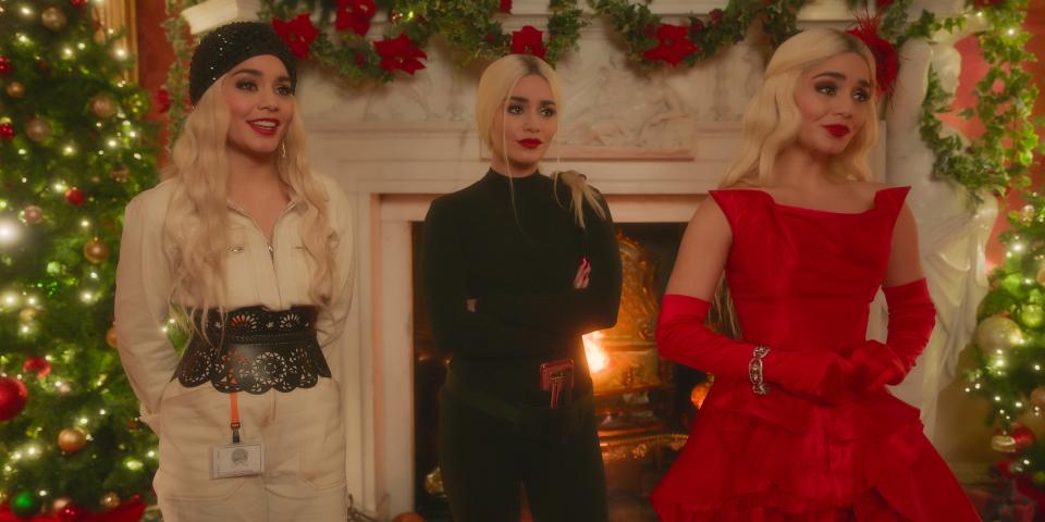 Princess Stacy (Vanessa Hudgens, far left) and Queen Margaret (Hudgens, far right) both have to pose as Margaret's troublemaking cousin Fiona (Hudgens) in "The Princess Switch 3: Romancing the Star."