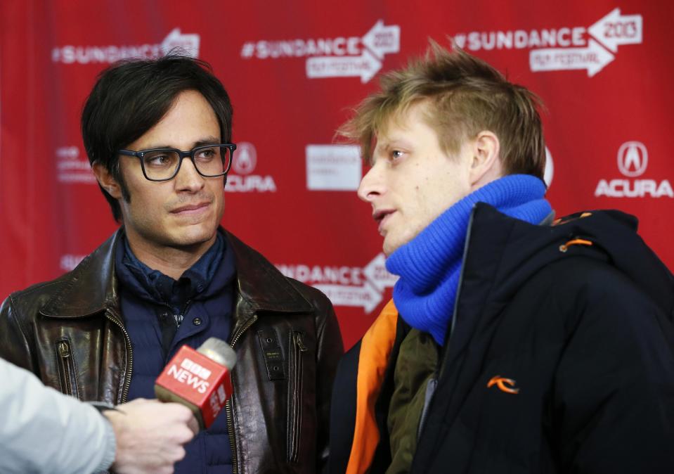 Actor Gael Garcia Bernal, left, and director Marc Silver are interviewed at the premiere of "Who Is Dayani Cristal?" during the 2013 Sundance Film Festival on Thursday, Jan. 17, 2013 in Park City, Utah. (Photo by Danny Moloshok/Invision/AP)