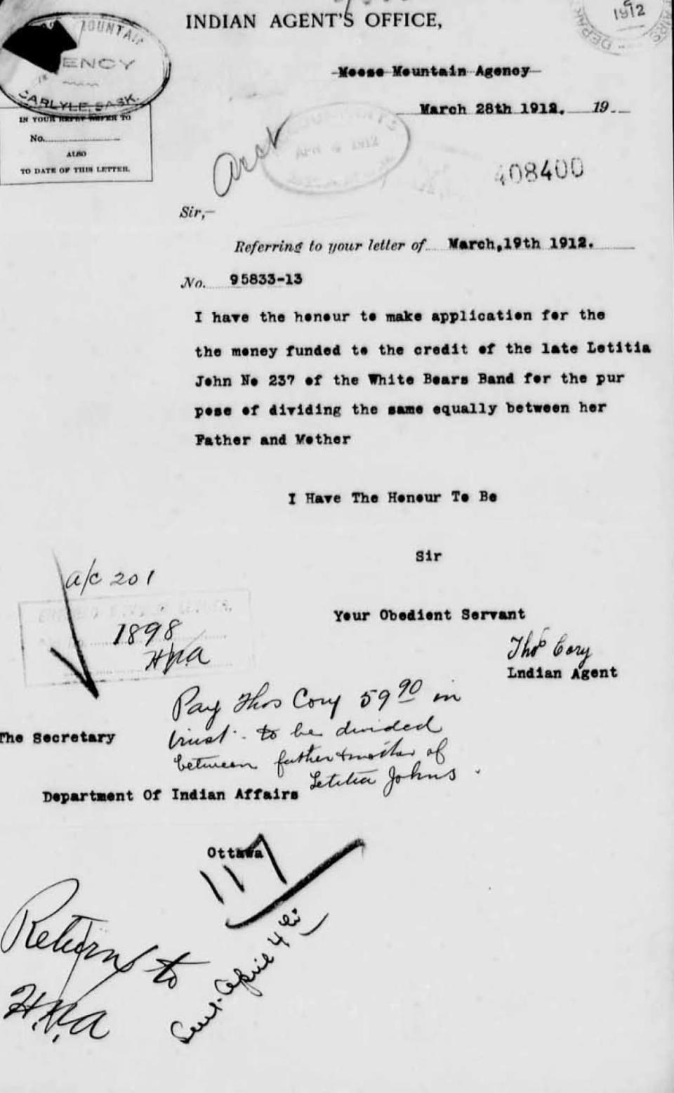 This is the letter — part of the same correspondence the National Centre for Truth and Reconciliation was able to find — that connects Letitia John's name to Treaty number 237 from White Bear First Nation.