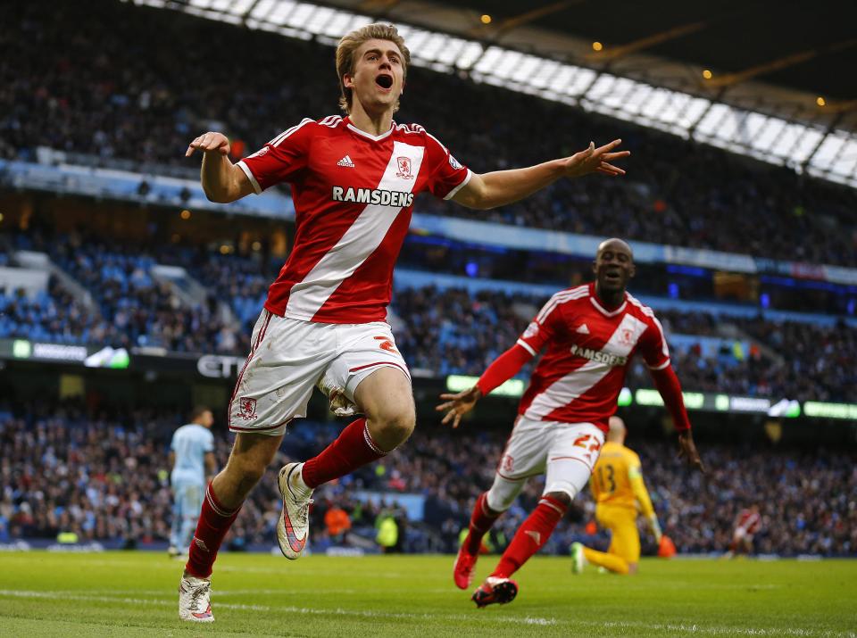 Middlesbrough's Patrick Bamford celebrates his goal against Manchester City during their English FA Cup 4th round soccer match at the Etihad Stadium in Manchester, northern England, January 24, 2015. REUTERS/Darren Staples (BRITAIN - Tags: SPORT SOCCER)