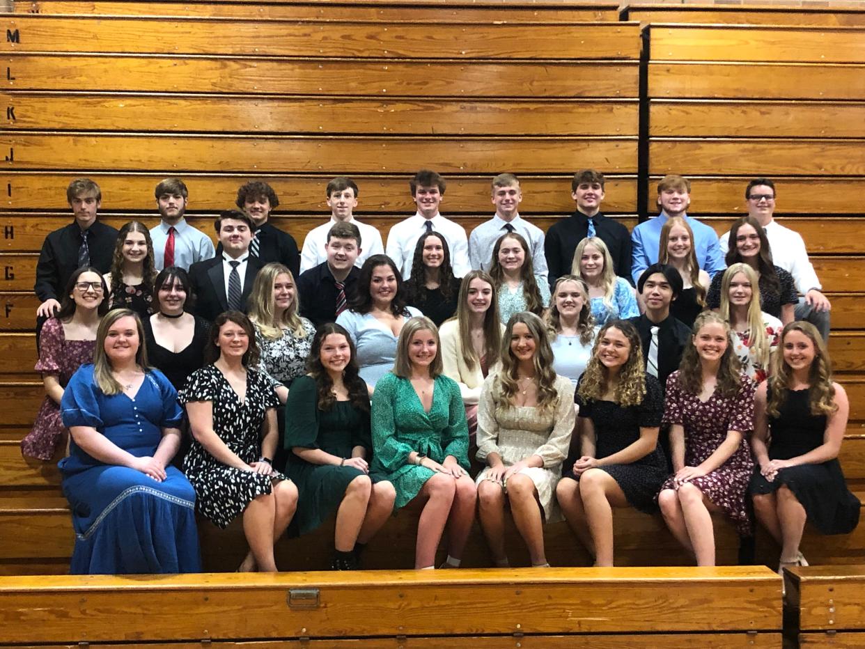 Members of West Branch High School's National Honor Society include, first row from left, Morgan Brown, Alexis Pierce, Adele Peters, Abbey Wilson, Hannah Egli, Emily Sprowl, Kaylee Burcaw and Haley Hazelbaker; second row from left, Makiah Kutz, Jocelyn Carte, Ella Scofinsky, Jillian Zamarelli, Chelsea Tharp, Allyson Hartzell, Croesus Brock and Lachlan Cameron; third row from left, Allison Zion, Wyatt Courtright, Brandon Scheiben, Anna Curry, McKenzie Whitted, Taylor Whitted, Alexis Gregory and Claire Brunner; and, fourth row from left, Josiah Hicks, Kyle Graham, Christian Martig, Landon Wilson, Dru DeShields, Michael Kanagy, Thomas Egli, Mitchell Coffee and Lleyton Uphold.