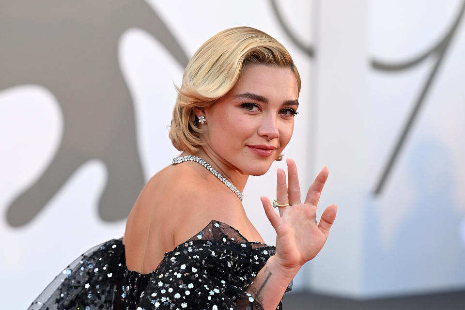 VENICE, ITALY - SEPTEMBER 05: Florence Pugh attends the "Don't Worry Darling" red carpet at the 79th Venice International Film Festival on September 05, 2022 in Venice, Italy. (Photo by Kate Green/Getty Images)