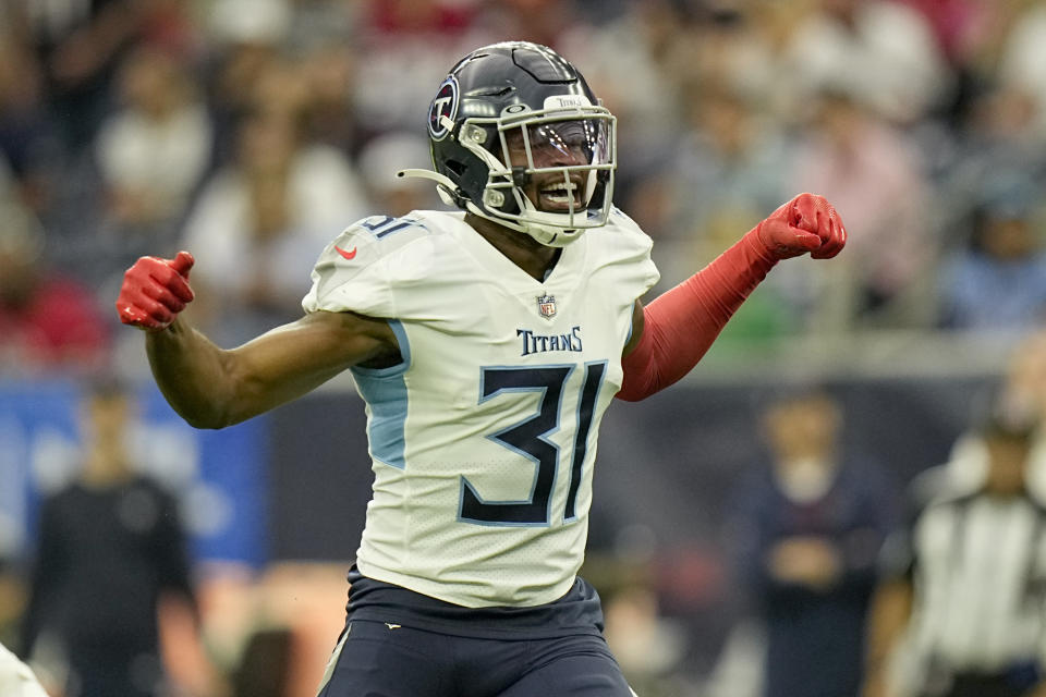 Tennessee Titans safety Kevin Byard celebrates after a play against the Houston Texans during the first half of an NFL football game Sunday, Oct. 30, 2022, in Houston. (AP Photo/Eric Gay)