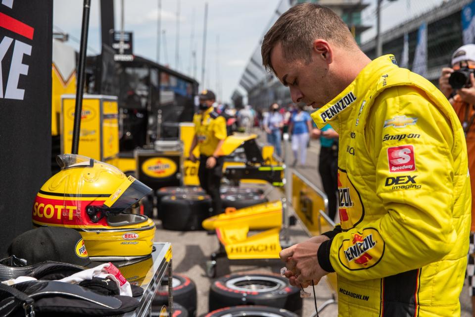 Team Penske rookie driver Scott McLaughlin (3) prepares to practice for the 2021 Indy 500.