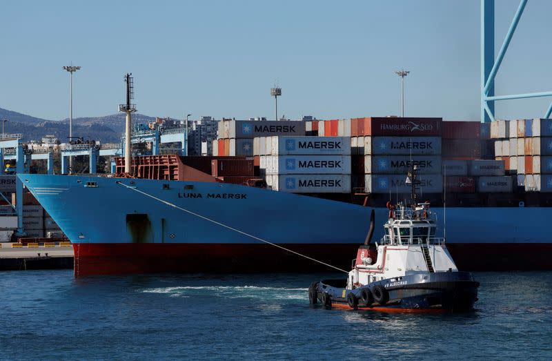 FILE PHOTO: Containers are seen on the Luna Maersk ship in the port of Algeciras, Spain