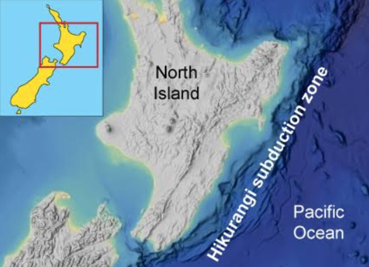 <span class="caption">The Hikurangi subduction zone.</span> <span class="attribution"><a class="link " href="https://www.ncei.noaa.gov/maps-and-geospatial-products" rel="nofollow noopener" target="_blank" data-ylk="slk:Åke Fagereng composite using map data from NOAA.;elm:context_link;itc:0;sec:content-canvas">Åke Fagereng composite using map data from NOAA.</a>, <span class="license">Author provided</span></span>