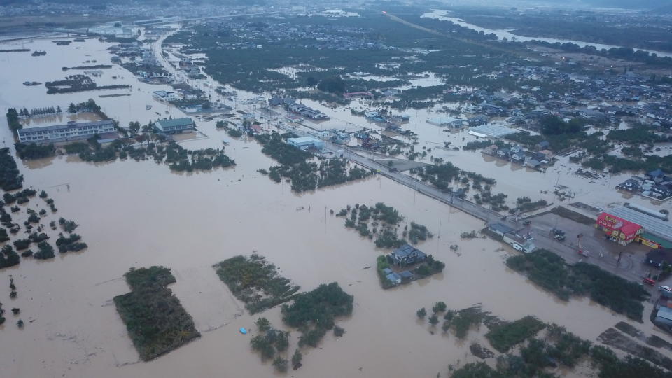 The river banks of Chikumagawa River collapsed from rain triggered by Typhoon Hagibis on October 14. Source: Sipa USA. 