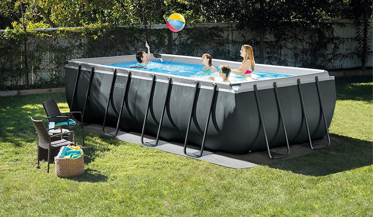 family in an intex pool