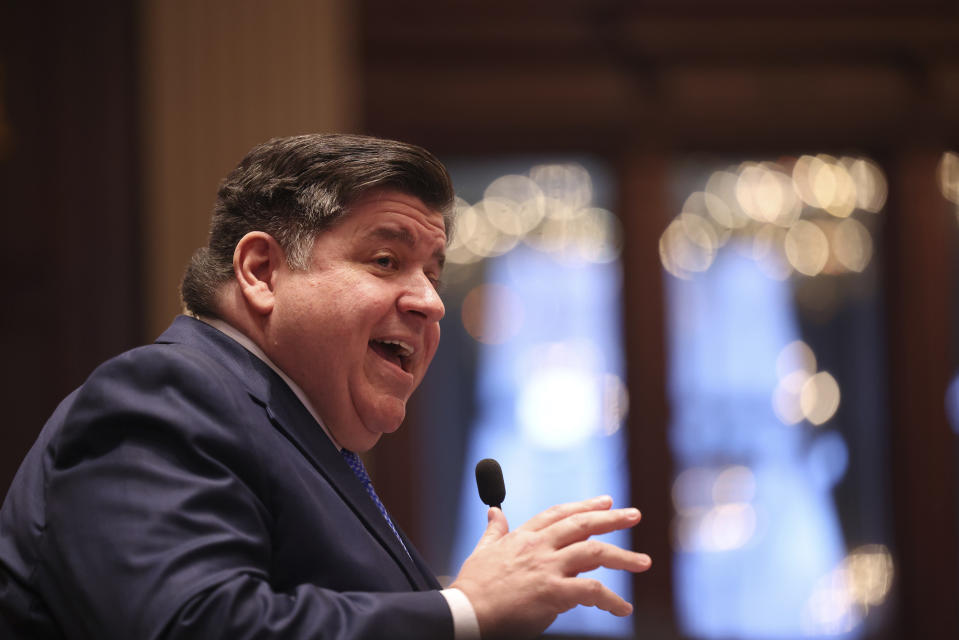 Illinois Gov. J.B. Pritzker delivers his State of the State and budget address before the General Assembly at the Illinois State Capitol, Wednesday, Feb. 21, 2024, in Springfield, Ill. (Brian Cassella/Chicago Tribune via AP, Pool)