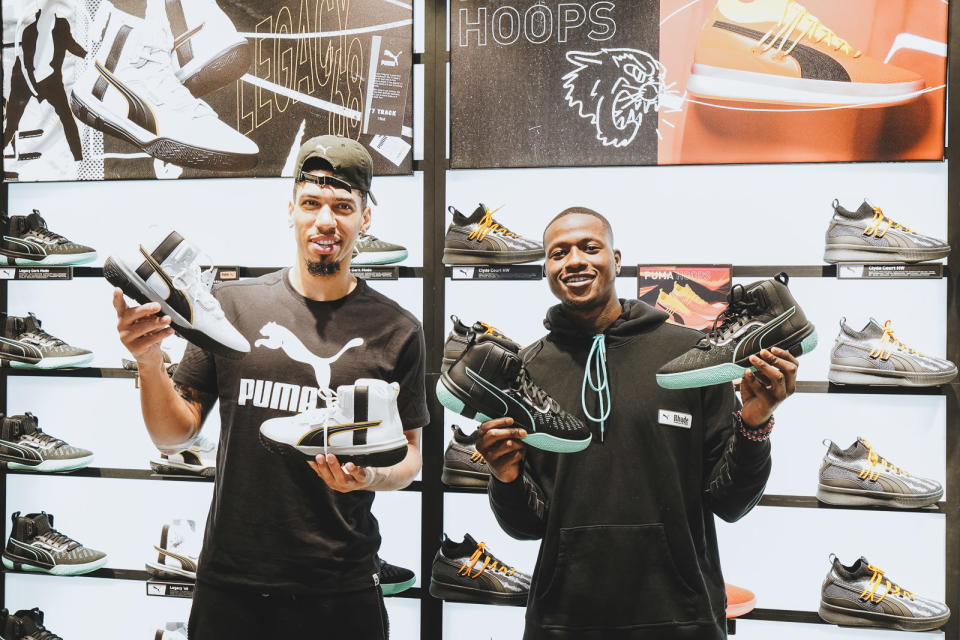 Danny Green(圖左)、Terry Rozier(圖右)為台灣首發上市的PUMA Legacy、PUMA Clyde court 與 PUMA Uproar 三大系列籃球鞋款站台。(主辦單位提供)