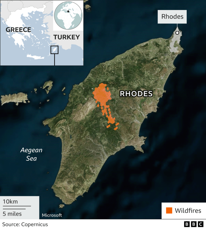 Mapa que muestra la ubicación de los incendios en Rodas