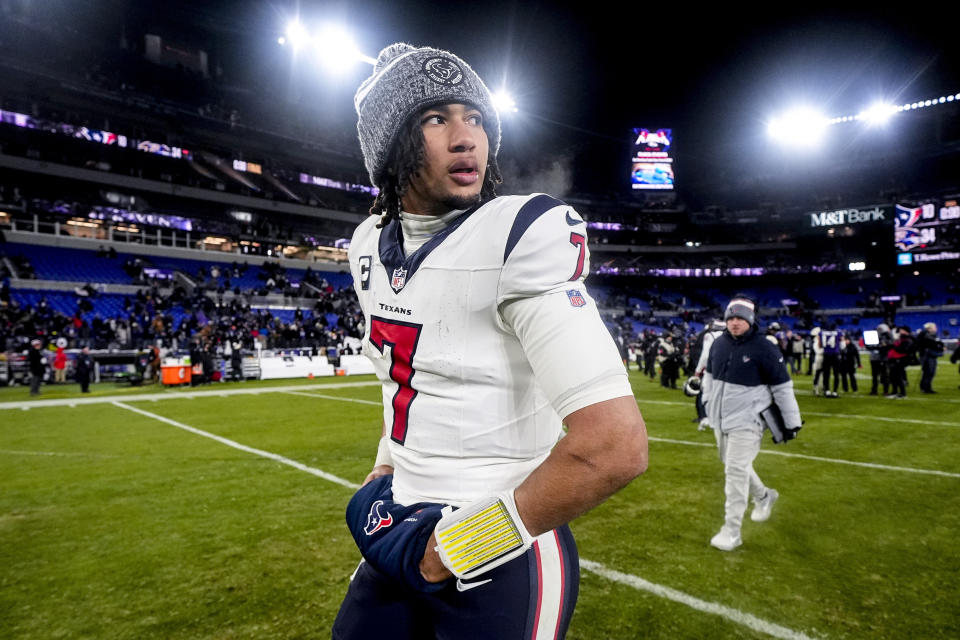 Houston Texans quarterback C.J. Stroud (7) leaves the field after an NFL football AFC divisional playoff game between the Baltimore Ravens and the Houston Texans, Saturday, Jan. 20, 2024, in Baltimore. The Baltimore Ravens won 34-10. (AP Photo/Julio Cortez)