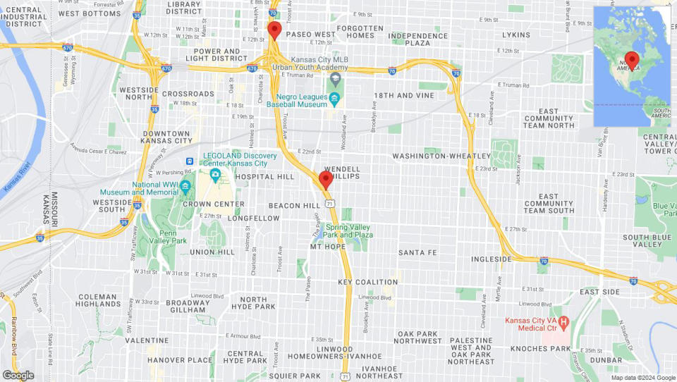 A detailed map that shows the affected road due to 'Heavy rain prompts traffic warning on northbound US-71 in Kansas City' on May 31st at 6:16 p.m.