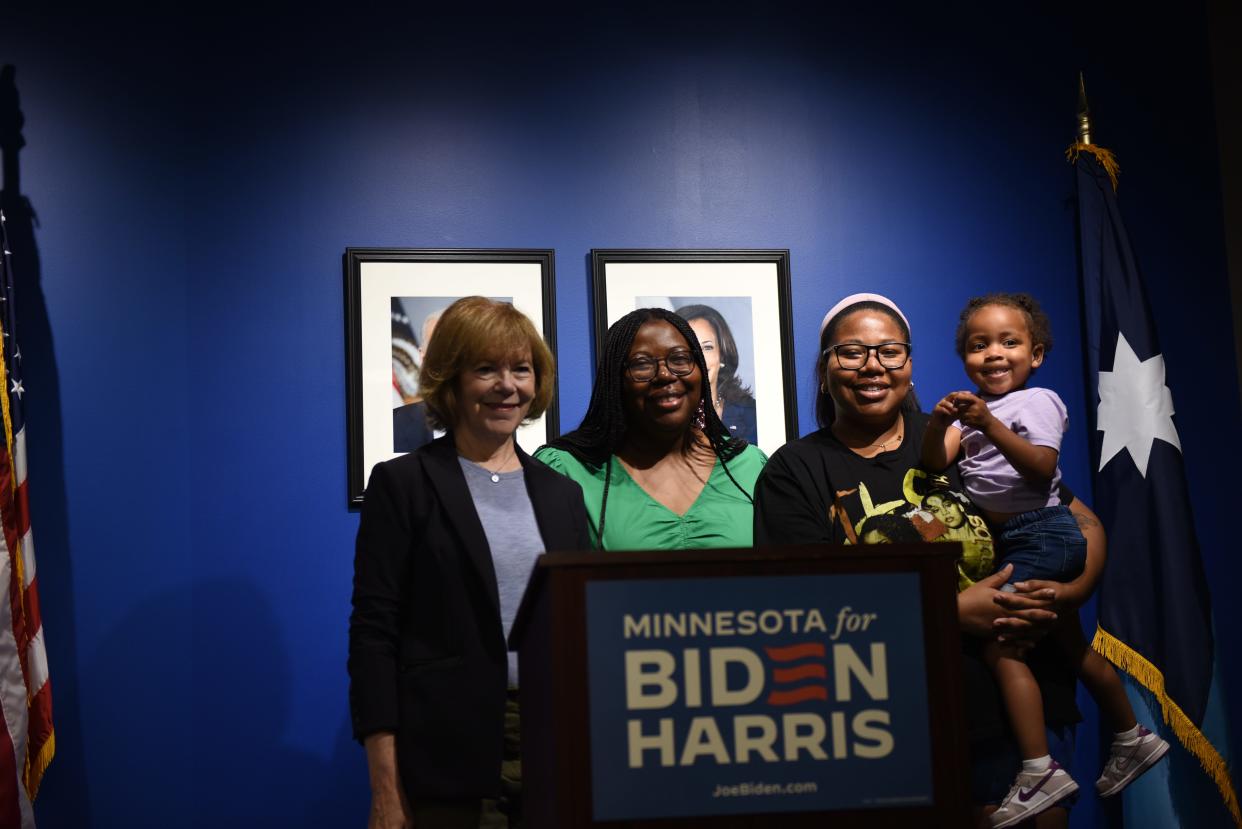 U.S. Sen. Tina Smith, D-Minn., poses with Planned Parenthood North Central States CEO Ruth Richardson and her family at a press conference regarding the 2-year anniversary since the Dobbs decision on June 22, 2024 in St. Paul, Minnesota.