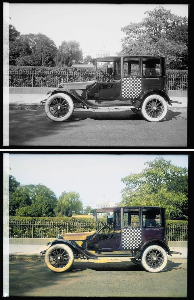 Two images of an early 20th-century car parked on a road with trees and buildings in the background. The car has a checkered pattern on the door