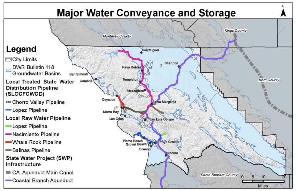 A map shows existing pipelines that could be used to transport water around San Luis Obispo County.